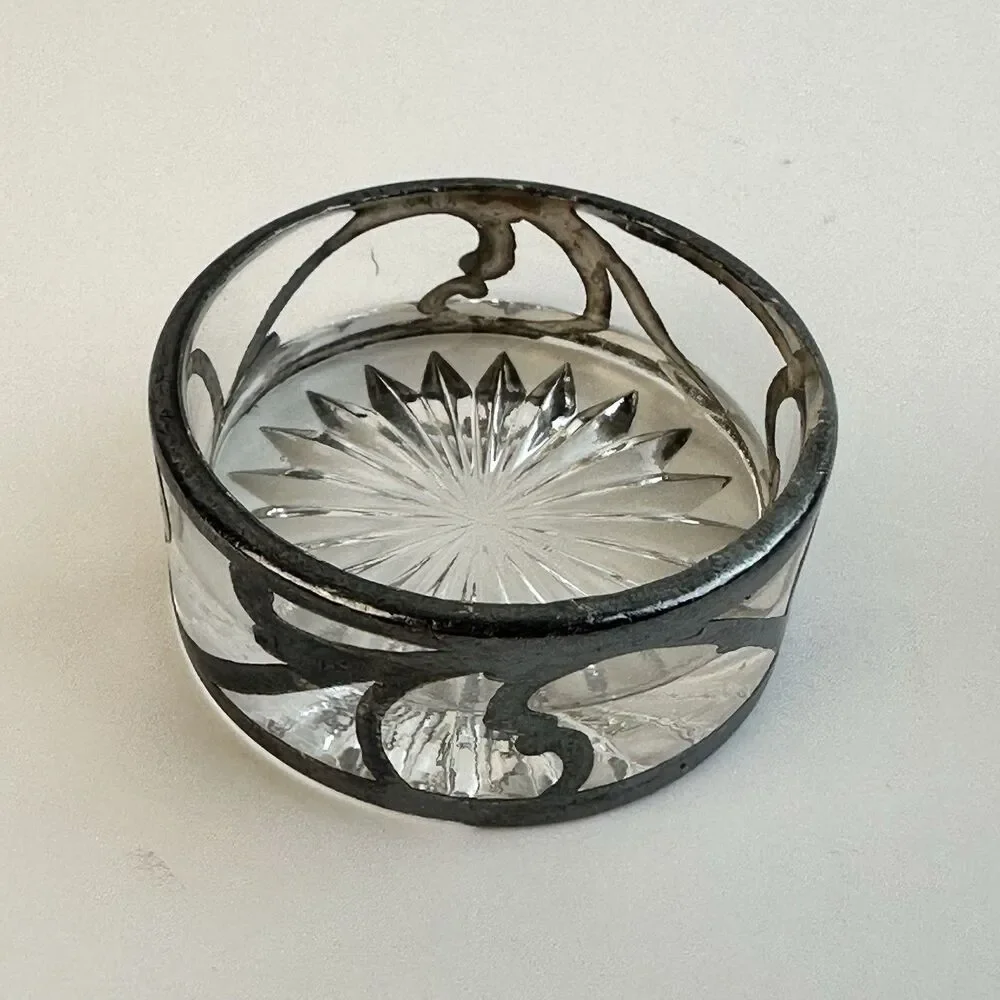 Antique Art Nouveau Sterling Silver Overlay Cut Glass Open Salt Cellars Set of 2
